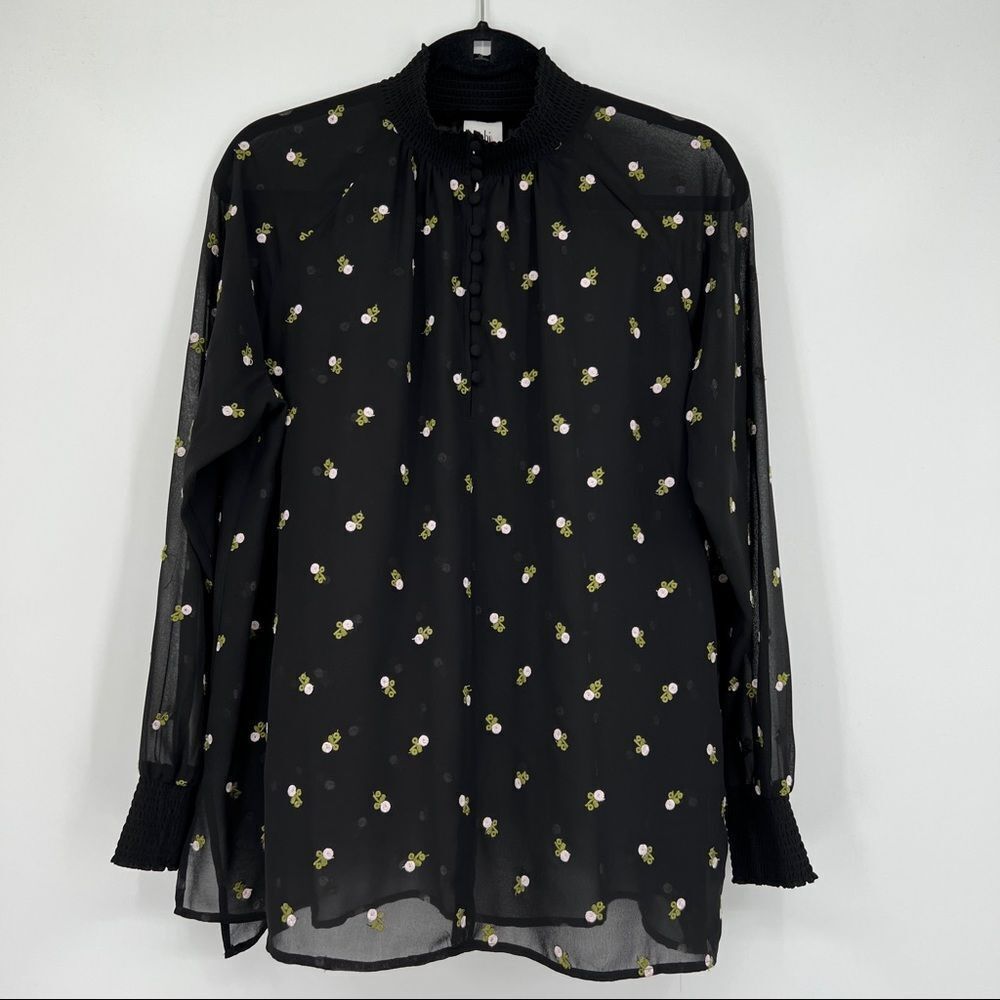 Cabi Sheer Black Floral Embroidered Button Placket Long Sleeves Blouse Blouse